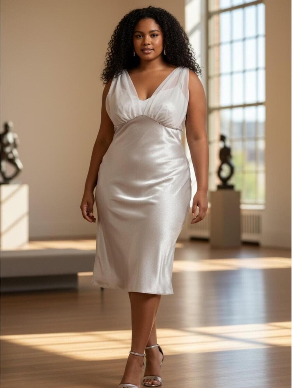 NWT Fiesta Silver Satin Chiffon Cocktail Dress Rhinestone Detail